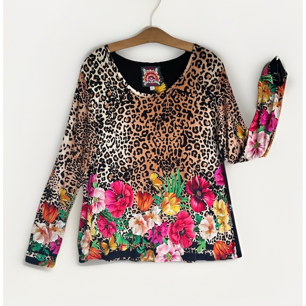 Johnny Was Sandra Top Leopard Floral Butterfly Scarf Jungle Print Tunic Shirt M